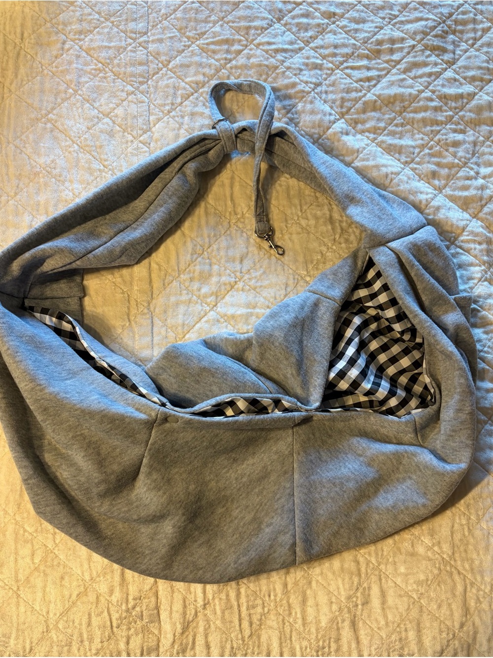 Grey Slouch Shoulder Pet Carrier Bag with Checkered Lining